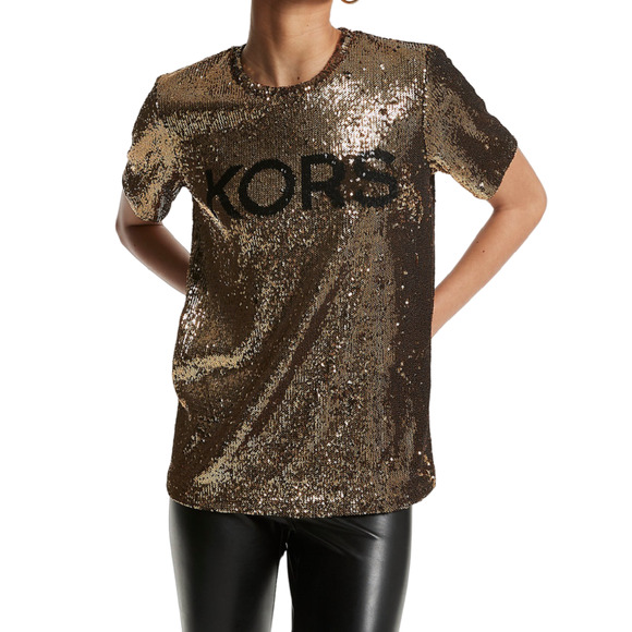 Michael Kors Sequined Stretch Tulle T-Shirt Top Black/Gold XS/S/M $155 Nwt - Picture 1 of 2